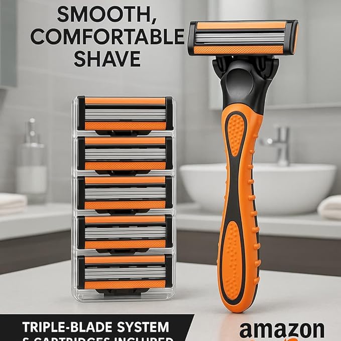 Triple Blade Razor for Men – Lubricating Strip Shaving System with Anti-Slip Handle & 6 Replacement Cartridges – Smooth & Comfortable Shave