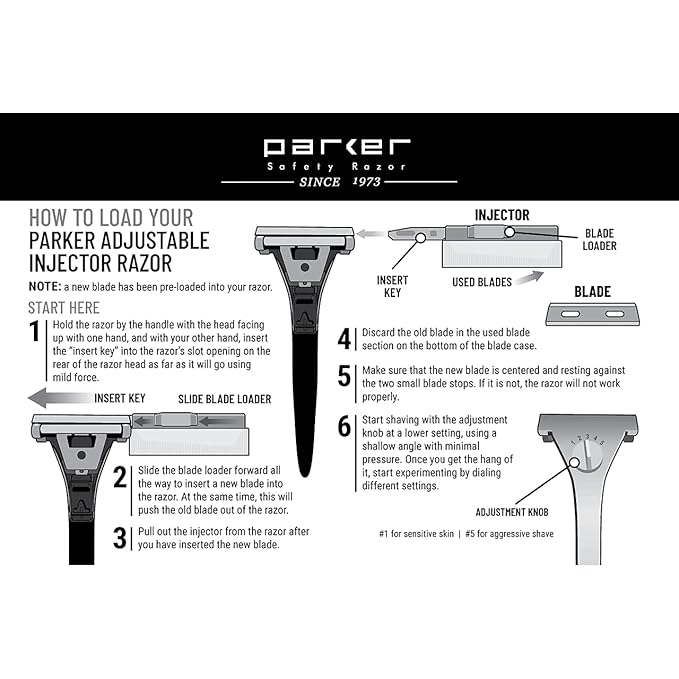 Parker Adjustable Injector Razor – Single‑Edge Safety Razor with Dial‑Control (Settings 1–5) + 20 Injector Blades (Stainless/Resin Handle)