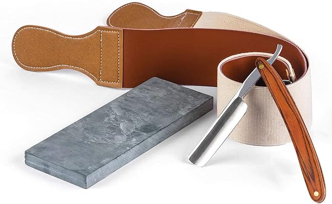 Grandslam Straight Razor Shave Ready Handmade Sharpened, 420 Steel Straight Razor Blade, 2 Layers Long Leather Canvas Strop, Sharpening Stone,2 Side Grit 3000 Waterstone Knife Sharpener