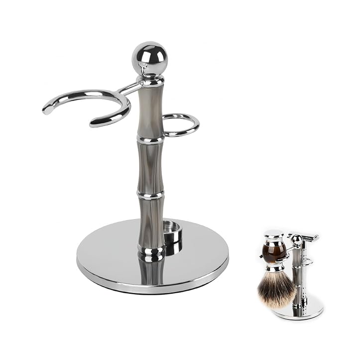 Linkidea Stainless Steel Razor Stand and Brush Holder with Non-Slip Base, Creative Bamboo Style Safety Shaver Organizer Compatible with Vikings Blade Chieftain, Odin (Grey)