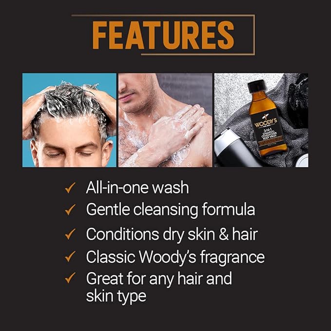 Woody's 3-in-1 Shampoo, Conditioner, & Body Wash for Men, Travel-Size, Refreshing All-in-One Hair & Body Cleanser, 1.7 fl oz, 2 Pack