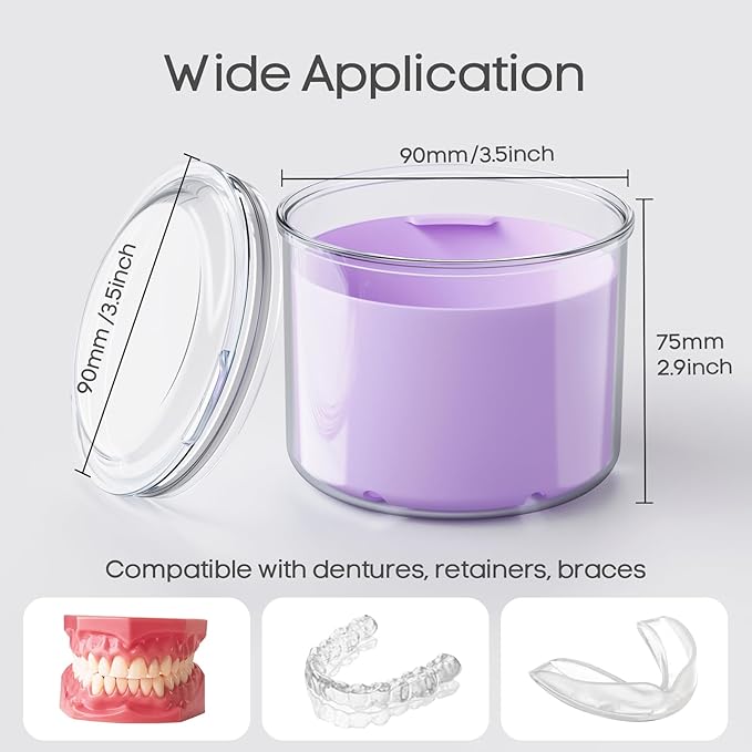 Denture Bath Cup with Cleaning Brush, Large Soaking Container with Strainer Basket for False Teeth & Night Guard, Oral Care Storage Holder for Home Use, Purple