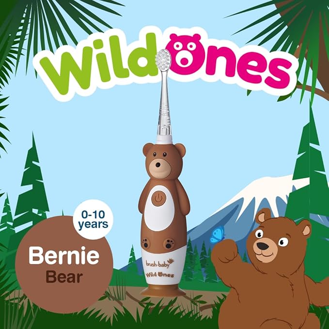 BrushBaby - WildOnes - Kids Rechargeable Electric Toothbrush, Ages 0-10 - Bear Design with Flashing Lights - DeepClean Bristles for Superior Cleaning - 2 Replacement Brush Heads, 1 USB Cable