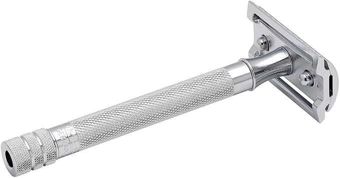 MERKUR 23C Double Edge Safety Razor - Polished Chrome, Long Knurled Brass Handle, Made in Germany, Plastic-Free, Three Piece Design, Closed Comb, Straight Bar