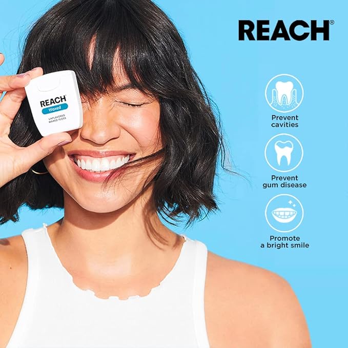 REACH Waxed Dental Floss, Mint, Plaque Remover for Teeth, Shred Resistant, Floss Slides Smoothly, Easy to Use, Waxed, Deep Cleaning Teeth, Oral Care, PFAS Free, for Adults & Kids, 200 yd (Pack of 2)