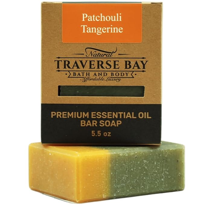 Traverse Bay Bath and Body Natural Cold Process Soap Earthy & Spicy 4-Bar Variety Pack, Citrus Ginger, Frankincense & Myrrh, Patchouli Tangerine, Patchouli Hemp, 5.5 oz Each, 22+ oz Total