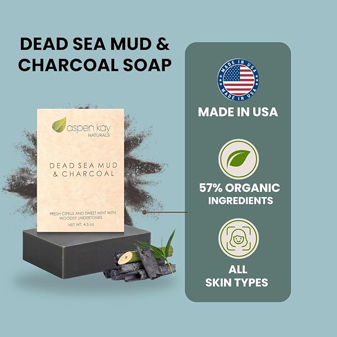 Aspen Kay Naturals Dead Sea Mud and Charcoal Soap Bar. With Organic Shea Butter & Pure Essential Oils. Charcoal Face Wash for Men, Women & Teens. (6 pack)