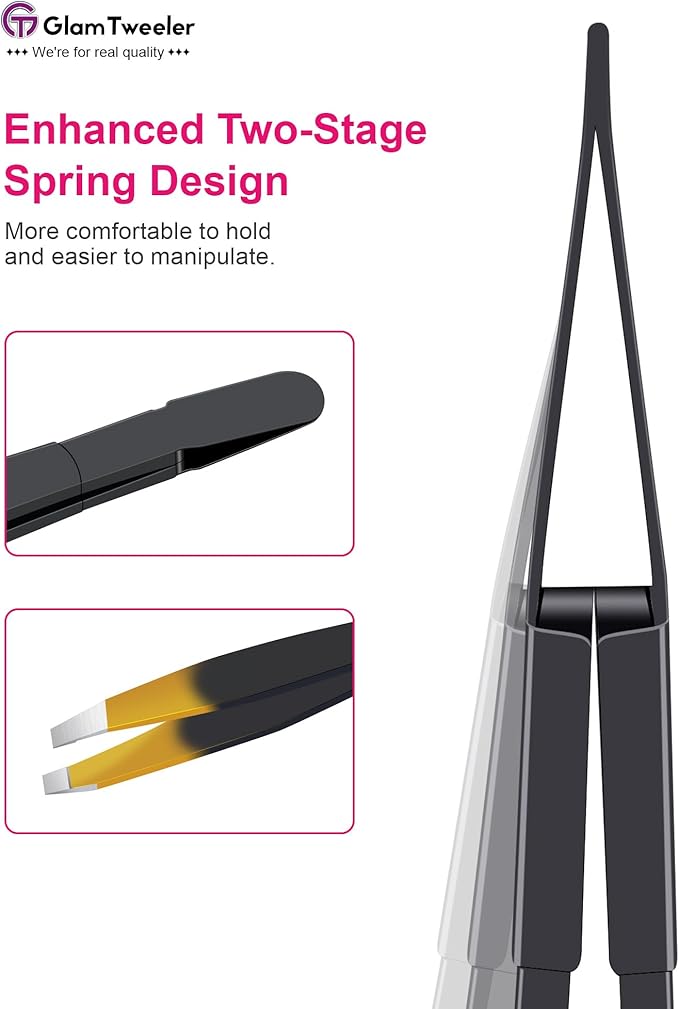G-01 Exclusive Slant Tip Tweezers, GlamTweeler High Precison Expert Eyebrow and Facial Hair Removal Tweezer with Leather Storage & Carrying Case (Black & Gold)