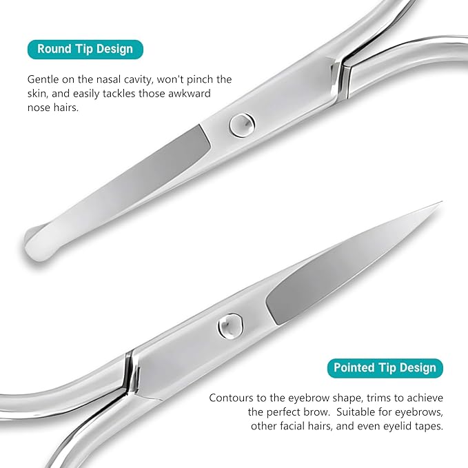 Facial Hair Grooming Scissors for Men & Women: Eyebrow, Nose Hair, Mustache, Beard, Eyelashes, Ear Trimming Kit - Curved & Rounded Safety Tip Clippers - 2PCS Silver.