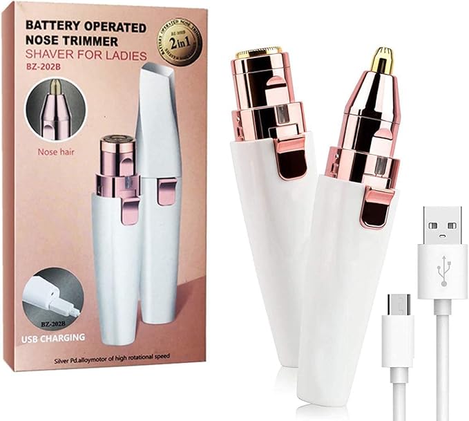 Facial Hair Remover for Women: 2 in 1 Rechargeable Nose Hair & Eyebrow Trimmer, Face Shaver with Built-in LED Light for Removing Chin, and Cheek Trimming - with Built-in LED Light
