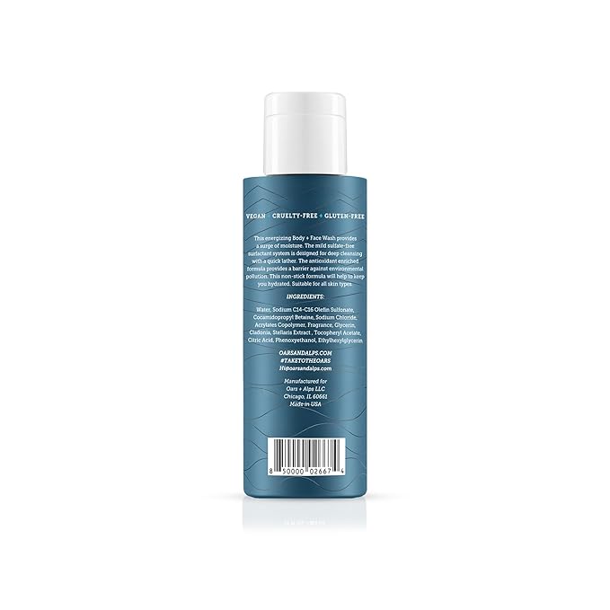 Oars + Alps Mens Moisturizing Body and Face Wash, Skin Care Infused with Vitamin E and Antioxidants, Sulfate Free, Fresh Ocean Splash, Travel Size 3.4oz, 2 Pack