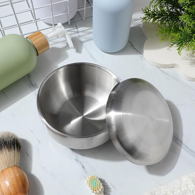 Stainless Steel Shaving Bowl with Lid for Men and Ergonomic Shaving Soap Bowl Bathroom Accessory