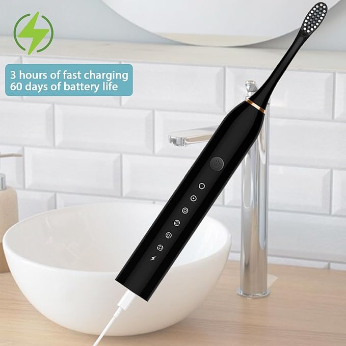 Electric Toothbrushes Adults Rechargeable Toothbrush with 4 Brush Heads and 6 Cleaning Modes Low Noise Waterproof Whiten Toothbrush Smart Timer Longer Life for Women Men Gift Black Rechargeable