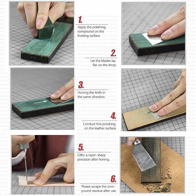 WUTA Natural Leather Sharpening Strop w/Green Polishing Compound,Knife Razor Polishing Board Wooden Handle Double-Sided Vegetable Tanned Leather
