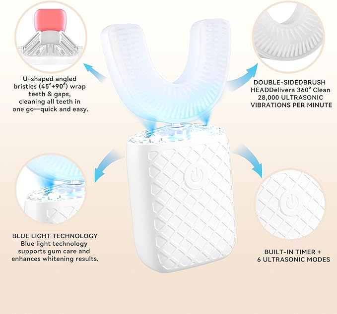 Adult Sonic Automatic Electric Toothbrush, 360° Oral Cleaning Stain Whitening, IPX7 Waterproof Rechargeable, u-Shape Brush Head*3+Straight Handle Brush Head*2 (White)