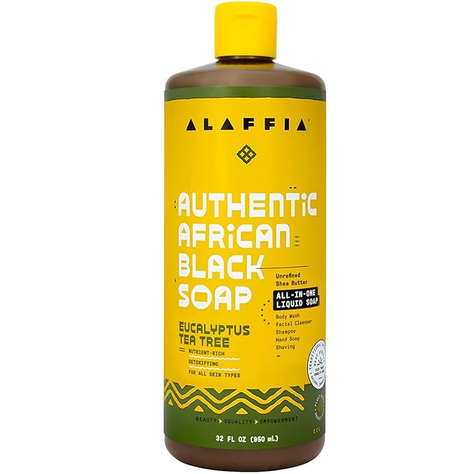 Alaffia Skin Care, Authentic African Black Soap, All in One Liquid Soap, Acne Face Wash, Moisturizing Body Wash, Shampoo, Shaving Soap, Shea Butter, Eucalyptus Tea Tree, 32 Fl Oz