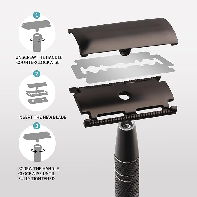 Gearhub Double Edge Safety Razor Reusable Stainless Metal Wet Shaving Razor with 10 Swedish Platinum Blades for Men Women Barber Bikini Armpit Hair, Matte Black GRB2D