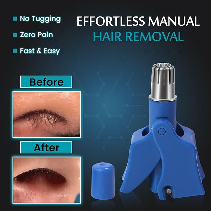 Stainless Steel Hair Trimmer for Men and Women | Manual Nose and Ear Hair Trimmer | Nose Clippers, 360° Rotating Hair Trimmers | Washable Nose Hair Remover | Blue