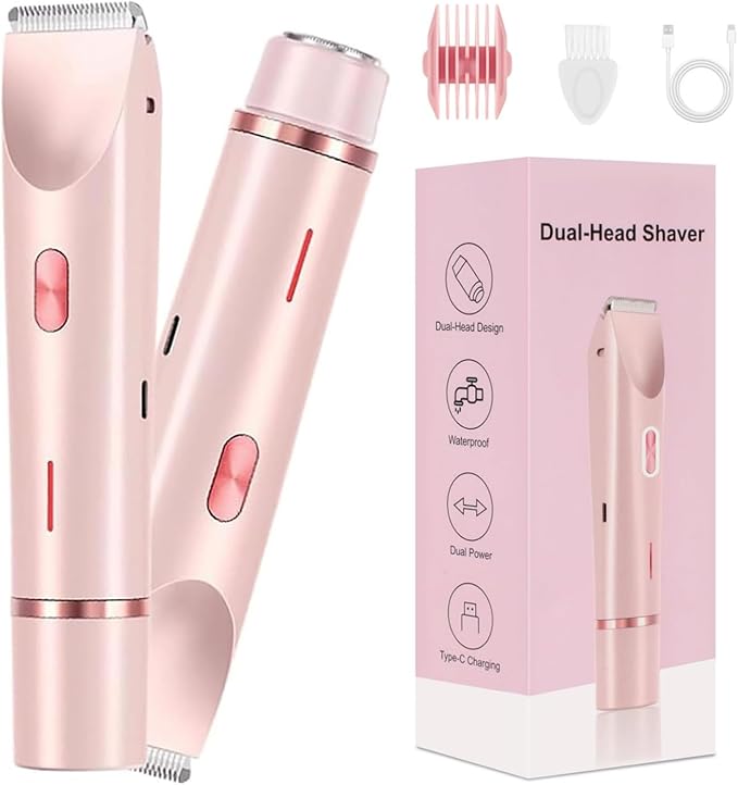 Bikini Shaver,2025 New Dual Head Shaver Women, 2 in 1 Wet & Dry Waterproof Electric Bikini Trimmer for Women,Pink