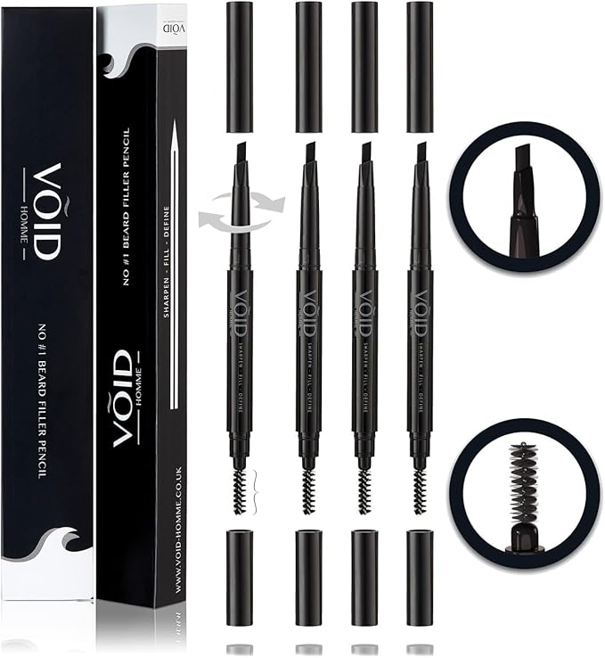 VOID Homme Beard Pencil Filler for Men (Black, Set of 4) - Instant Full Beard Pen Kit with Easy Liner and Waterproof Filling Pencil