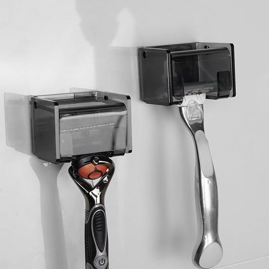 2 Pack Acrylic Razor Holder with Cover for Shower, Wall Mounted Razor Shaver Organizer with Suction Cup, Razor Hanger Rack Compatible with Gillette Fusion 5 Proglide, Mach 3 Classic (Gray Clear)