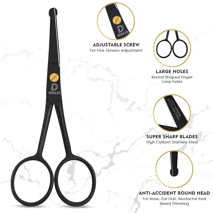 4.5" Round Tip Safety Mustache Scissors Beard Scissors with 1 Mustache Comb, 1 Beard Comb & Soft Pouch – Best Facial Hair Shears for Beard Mustache Trimming Nose & Ear Hair
