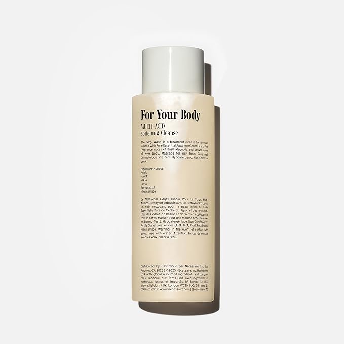 Nécessaire The Body Wash Hinoki - Natural Body Wash for Women & Men, Softening Shower Gel with Gentle Exfoliating Acids AHA/BHA/PHA. Gel Cleanse, 8.4 fl oz.