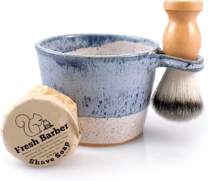 Modern Artisans American Made Stoneware Pottery Shave Bowl Set with Brush