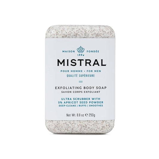 Mistral Exfoliating Bar Soap for Men - 8.8 oz | Luxury French Scrub Bar with Apricot Seed Powder, Marine Minerals, Shea Butter, pH‑Balanced, Sulfate‑Free, Daily Use | Natural Men's Body Soap