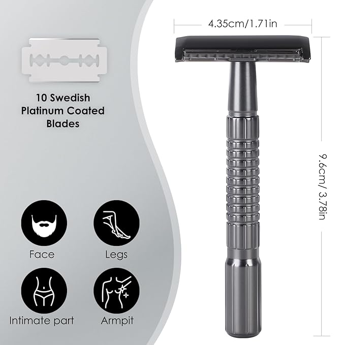 CLASSIC Double Edge Safety Razor with NONSLIP Handle, 10 Swedish Platinum Coated Blades Refills