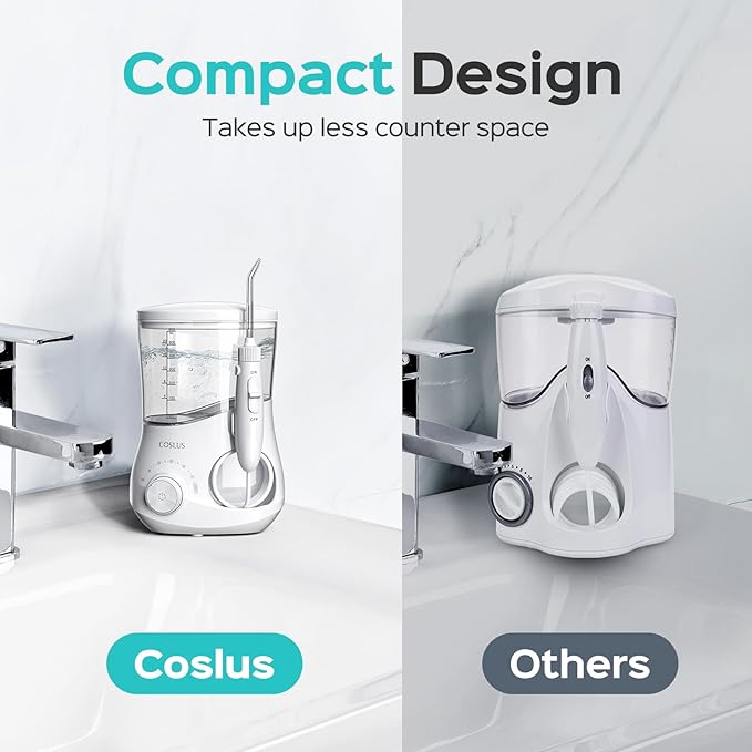 COSLUS E1 Electric Water Flosser for Teeth: Professional Dental Pick for Orthodontic, Sensitive Gums, Braces - 12 Pressure Settings & 5 Multi-Functional Tips for Multiple Users, Home Use, White