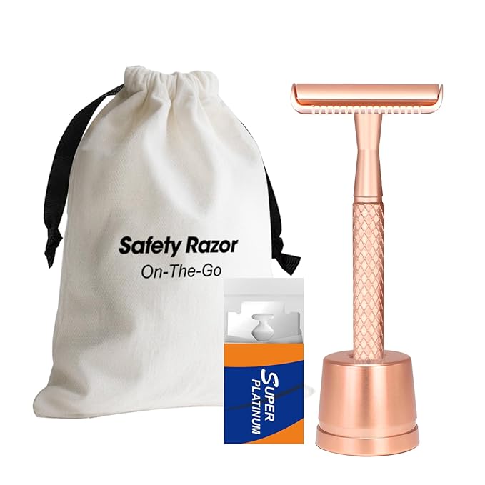 Rose Gold Safety Razor with Stand - Single Blade Razors for Women - Reusable Metal Razor, with 10 Double Edge Blades, Smooth & Close Shave