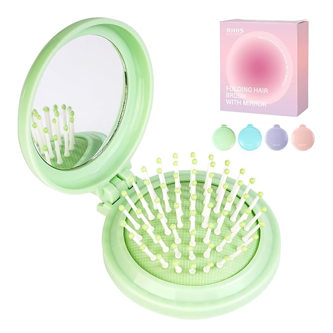 RHOS Folding Brush with Mirror - Compact, Portable and Foldable for Travel, Suitable for Women, Men, and Kids (Green)