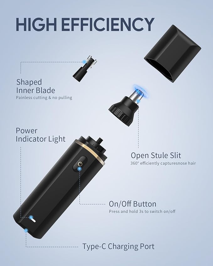 Nose Hair Trimmer for Men & Women, Type-C Rechargeable Nose Hair and Eyebrow Trimmer, Professional Painless, Powerful Motor and Dual-Edge Blades for Smoother Cutting, Black 1PC