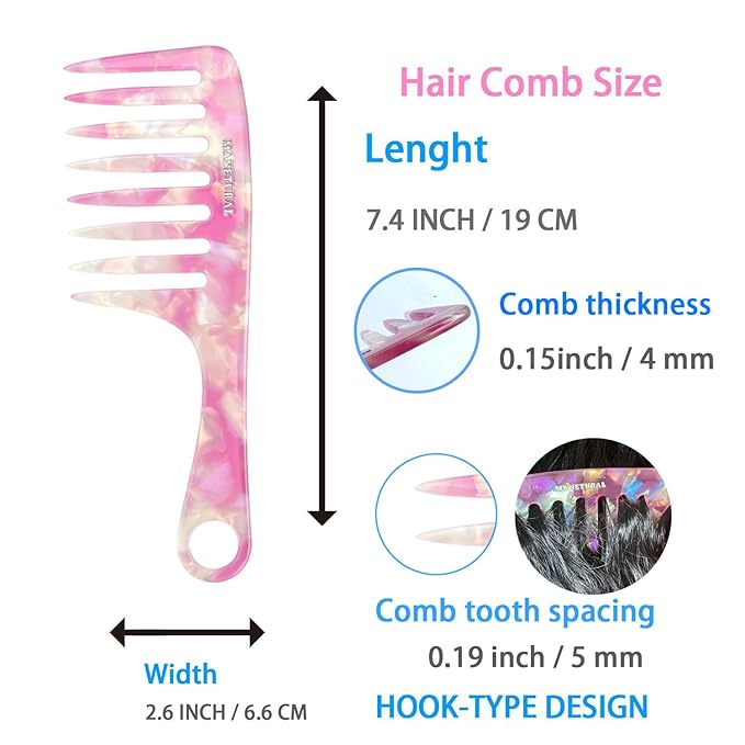 D1 | wide tooth comb 7.4"for easy portability. Suitable for Women's/girl curly, curly and tight hair, the short handle design is easy to carry. Acetate comb (Pink B)