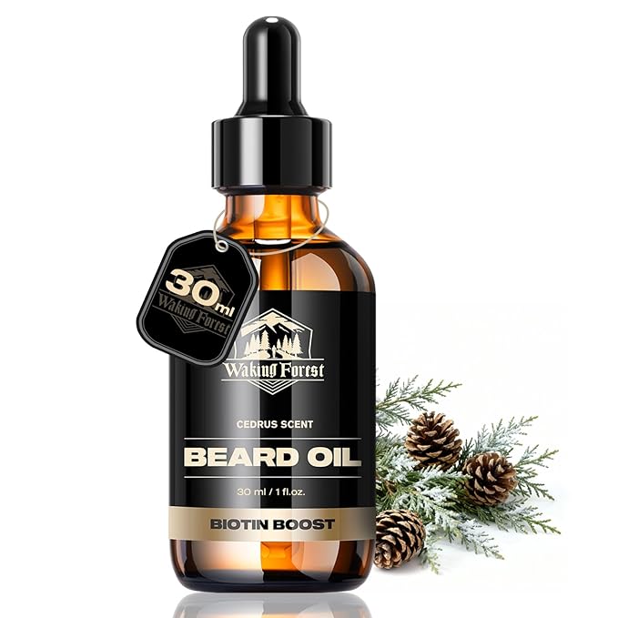 Waking Forest Cedar Beard Oil for Men - Biotin Mustache Oil with Vitamin E, Rosemary & Castor - Beard Care Softener, Strengthens, and Moisturizes - Beard Conditioner (1 oz)