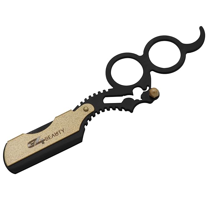 G4 Vision Universal Replaceable Half Blade Straight Razor with 100 Blades, Professional Double Ring Barber Single Edge Shave Razor (Black Gold)
