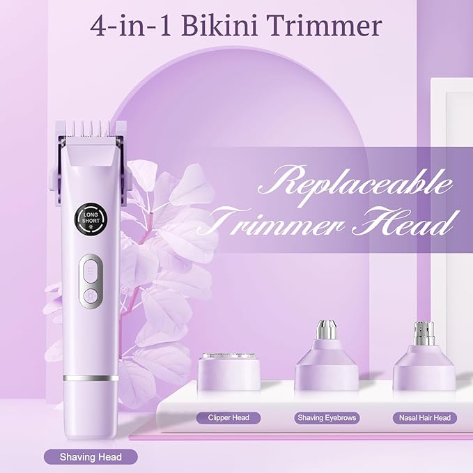 Bikini Trimmer for Women, 4 in 1 Wet/Dry Electric Razors for Women - Dual Head, Painless Rechargeable Portable Womens Razors for Shaving Set for Face, Nose, Eyebrows, Armpits, Bikini Area (Purple)