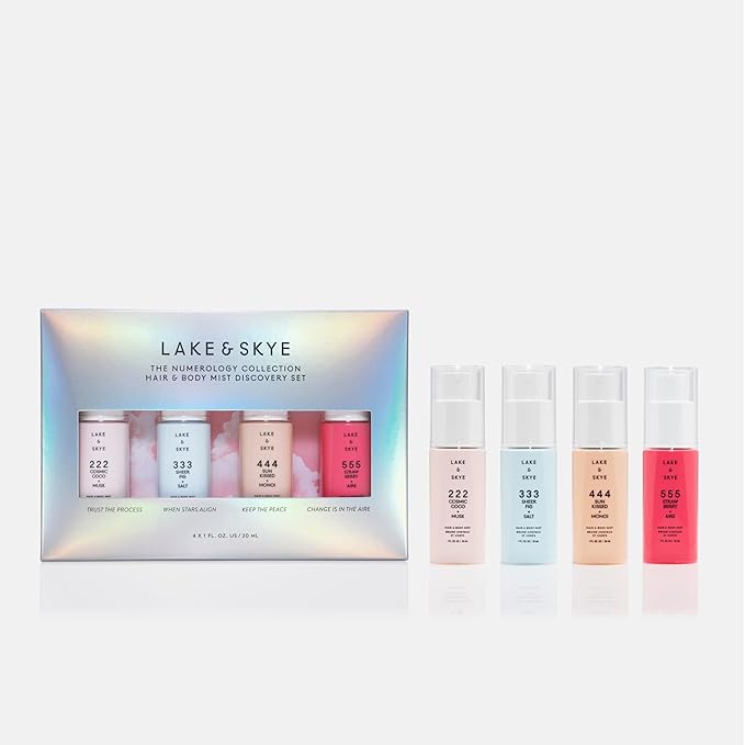 Lake & Skye Limited Edition Hair & Body Mist Discovery Set, 4 x 1 OZ, 222 Cosmic Coco + Musk, 333 Sheer Fig + Salt, 444 Sunkissed + Monoi, 555 Strawberry + Aire, Vegan, Paraben-Free
