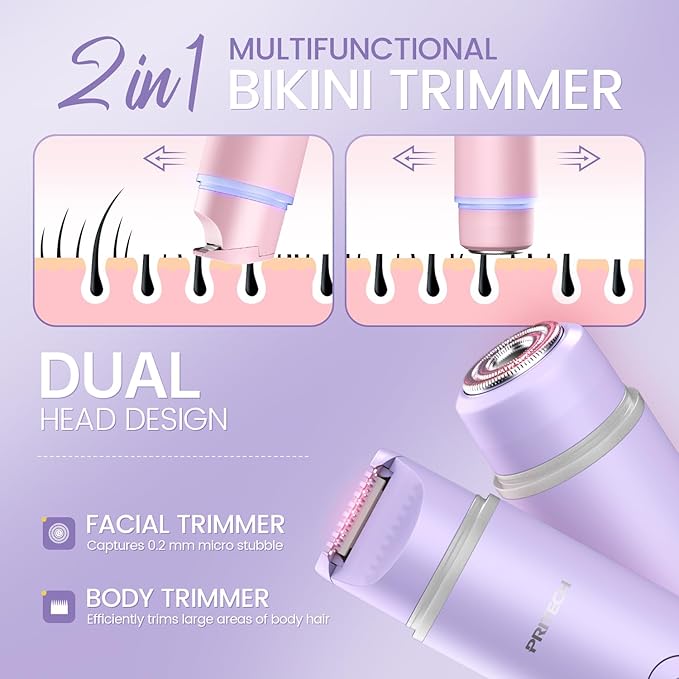Bikini Trimmer for Women Dual Head Facial Hair Remover 2 in 1 Electric Razors for Women,Waterproof Public Hair Trimmer for Face,Underarm,Leg,USB-C Smart Light (Purple)