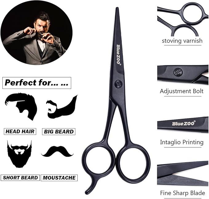 BlueZOO Beard Mustache Scissors and Comb Kit with PU Storage Bag, Rounded Safety Nose Hair Scissor for Men and Women Care Grooming, Ear Trimming Tool, Shears for Personal Grooming, Cutting & Styling