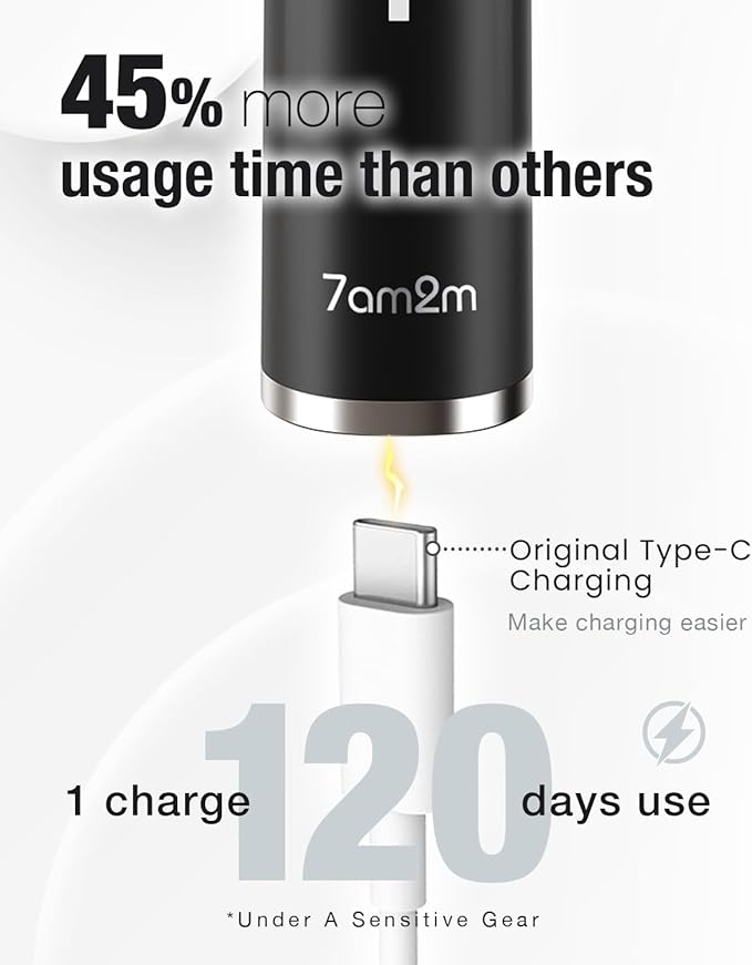 7AM2M Ultrasonic Electric Toothbrush with 6 Brush Heads for Adults&Kids, Type C Rechargeable, One Charge for 120 Days, 5 Modes&40000VPM Powered Toothbrush, 2 Minutes Built in Smart Timer (Black)