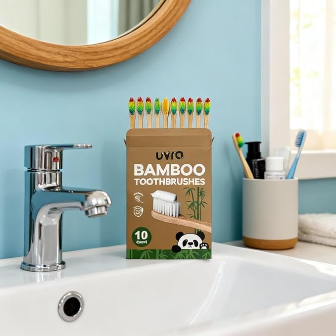 Bamboo Toothbrushes for Adults - 10 Pack Biodegradable Manual Toothbrushes Teeth Colorful Bristle Natural Bamboo Tooth Brush Dental Eco Wood Toothbrush (Rainbow)