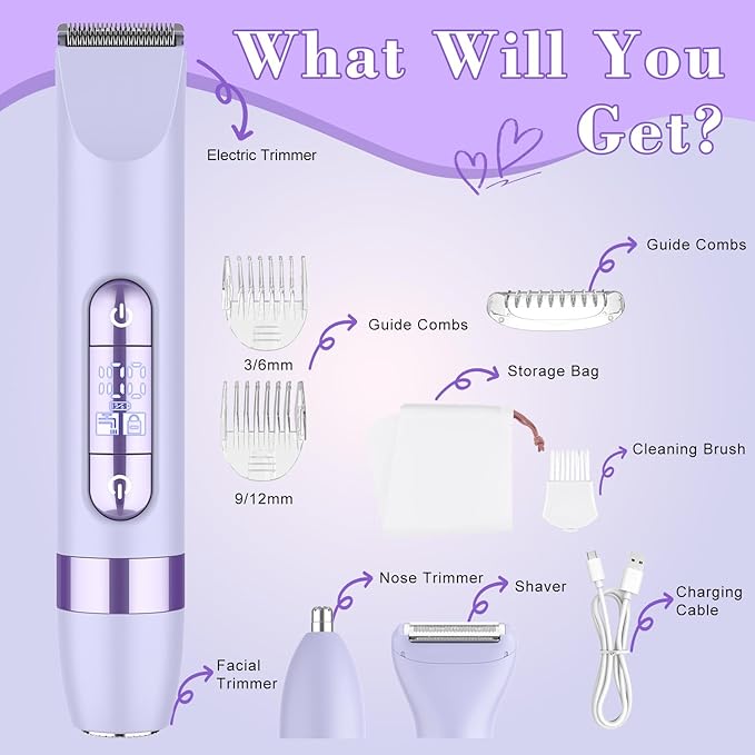 Hatteker 4-in-1 Women's Electric Razor, Dual-Head Body Hair Trimmer for Women, IPX7 Waterproof Rechargeable Bikini Trimmer & Facial Hair Remover for Legs, Armpits, Face, Nose, Eyebrows, Purple