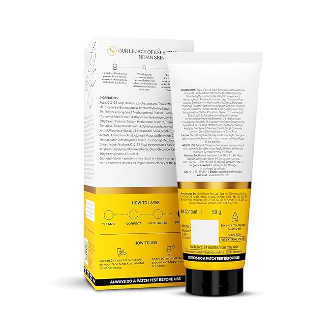 Dr. Sheth's Turmeric & Hyaluronic Acid Sunscreen with SPF 50+ & PA+++ | Helps Repair Skin Barrier with UVA/UVB & Blue Light Protection | Unisex Formula | 1.76 Oz/50 g
