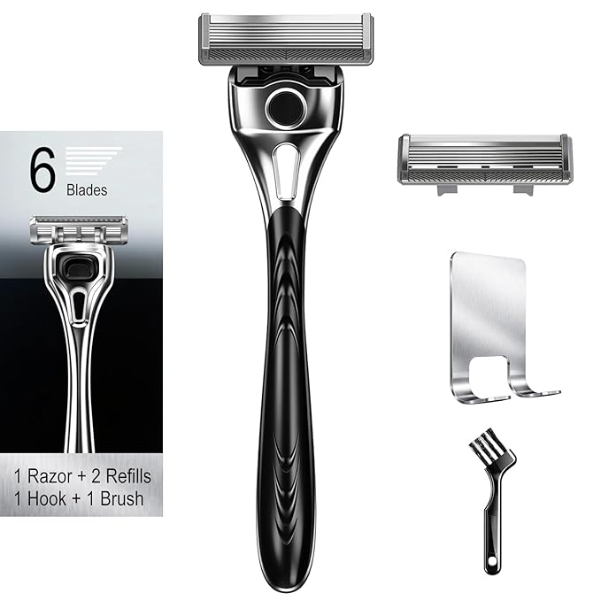 Professional 6-Blade Men's Razor with Lubricating Strip & Precision Trimmer, 45° Pivoting Head, Metal 1 Handle +2 Blade Refills, Includes Cleaning Brush & Wall Mount