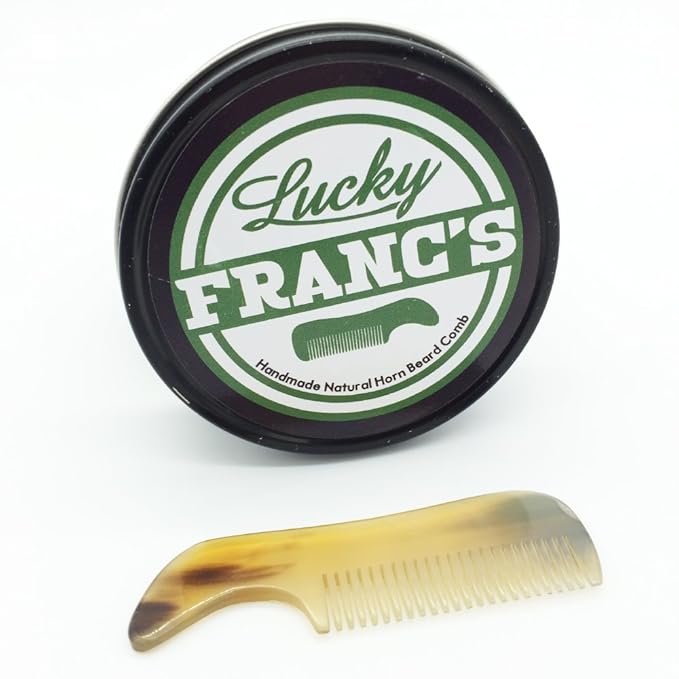 Lucky Franc's Handmade Ox Horn Fine Tooth Comb for Men's Beards and Mustaches - Static-Free, Pocket Size, Metal Tin Gift