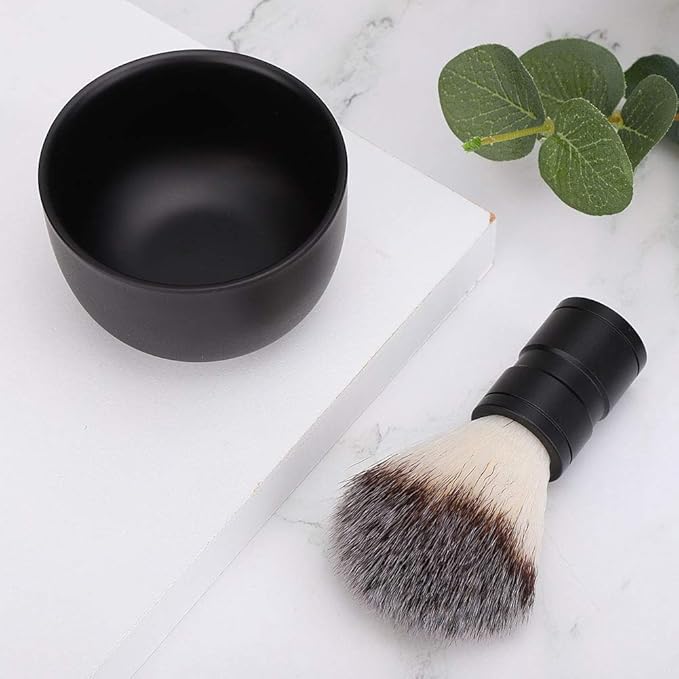 Men's Beard Shaver Set, with Stainless Steel Shaving Soap Bowl Soft Hair Brush Beard Cleaning Tool Kits for Home or Hair Salon Barber(Black)