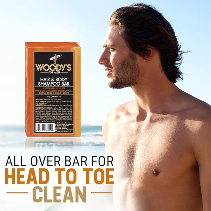 Woody's Hair & Body Shampoo Bar for Men – 2-in-1 Solid Shampoo Bar & Body Wash, Deep Cleansing, Moisturizing, Refreshing Scent, 8 oz, 2 Pack