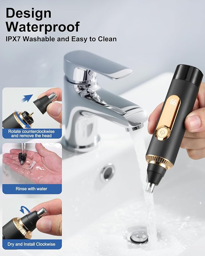Nose Hair Trimmer for Men and Women,2025 Professional Painless IPX7 Waterproof Eyebrow & Facial Hair Trimmer,USB Rechargeable with LED Display Dual-Edge Blades for Smoother Cutting,BlackGold